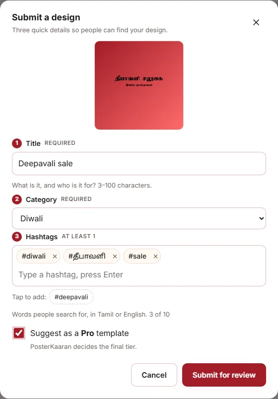 Template submit dialog: title, category, hashtags